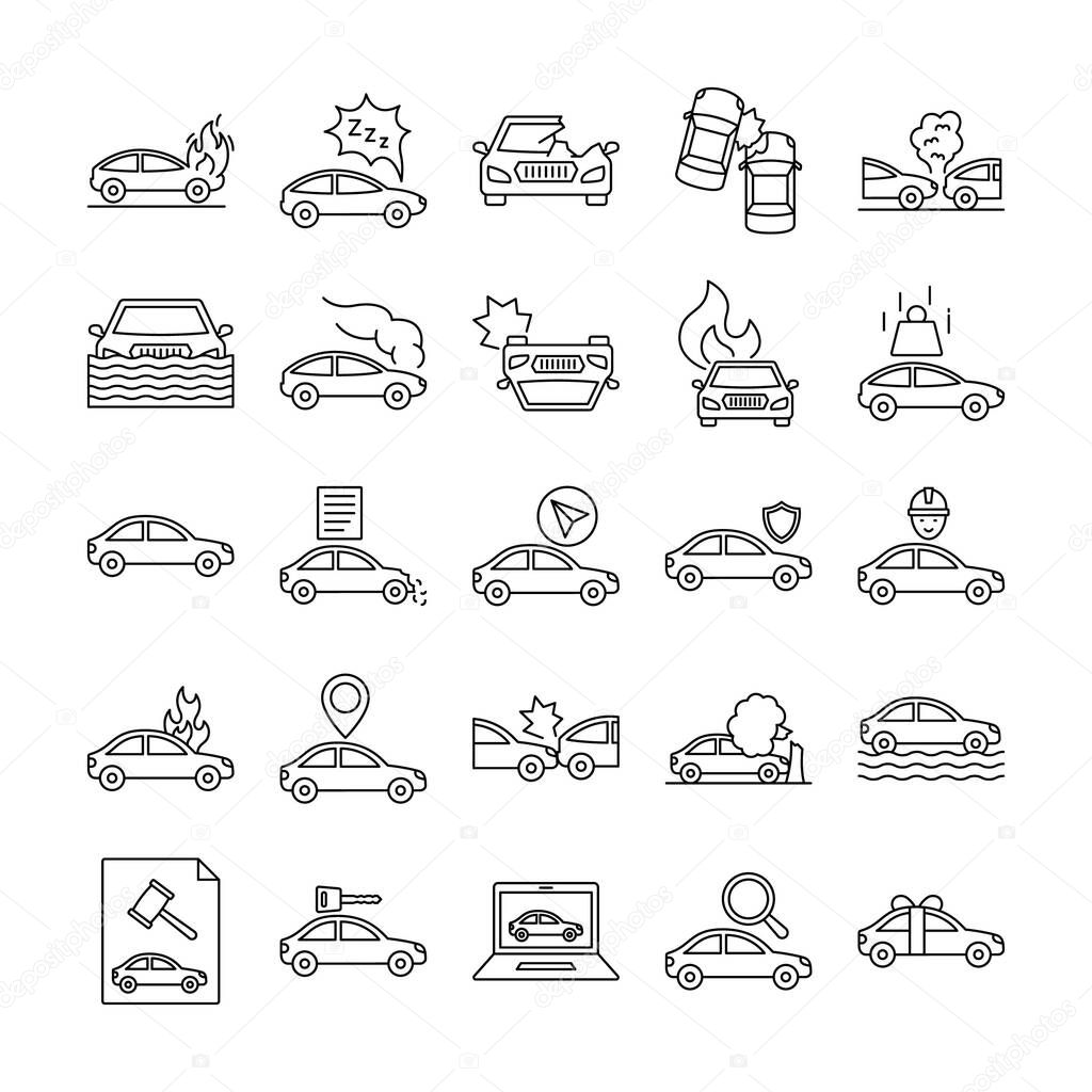 Car Accident Isolated set that consist with car insurance, flaming, collide, traffic, wreck, auction and  damage engine of car, every icon can be easily modify or edit