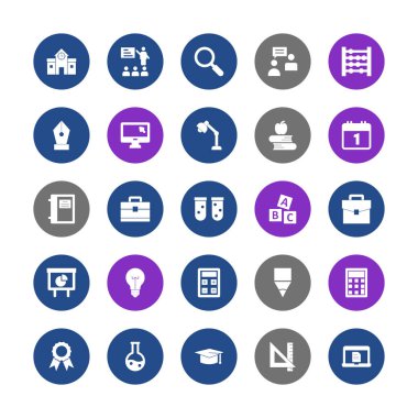 Eğitim Simgeleri paketi, Mimarlık, Ders, Büyüteç, İletişim, Abaküs, Nib, Masaüstü, Anglepoise, Apple, Takvim, Veri, Kitap çantası, Aygıt, Abc küp, Kitap çantası, Analiz ve Ampul vektöründen oluşur.