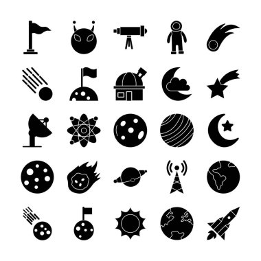 Uzay Simgeleri, füze, roket, uzay, uzay aracı, astronot, kozmonot, daire, gemi, küre, yörünge, yayın, çanak, gün ışığı, gündüz yıldızı, keşif, ateş topu ve uzaylıdan oluşur