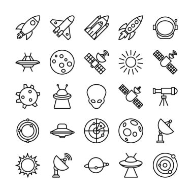 Uzay Simgeleri, füze, roket, uzay, uzay aracı, astronot, kozmonot, daire, gemi, küre, yörünge, yayın, çanak, gün ışığı, gündüz yıldızı, keşif, ateş topu ve uzaylıdan oluşur