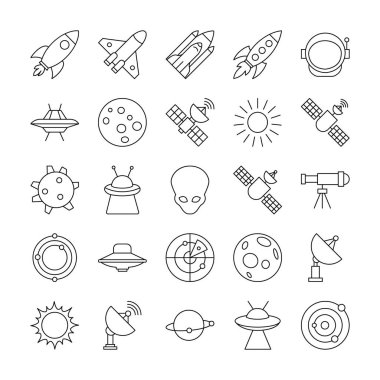 Uzay Simgeleri, füze, roket, uzay, uzay aracı, astronot, kozmonot, daire, gemi, küre, yörünge, yayın, çanak, gün ışığı, gündüz yıldızı, keşif, ateş topu ve uzaylıdan oluşur