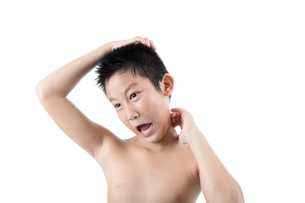 Stress asiatico ragazzo scratching suo capelli — Foto Stock