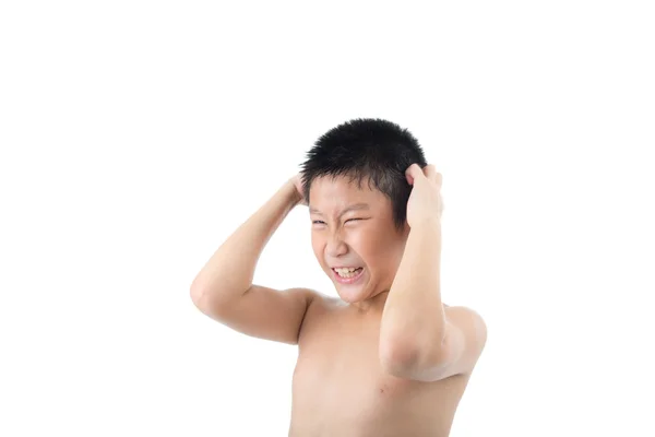 Aziatische jongen stress zijn haar krabben — Stockfoto