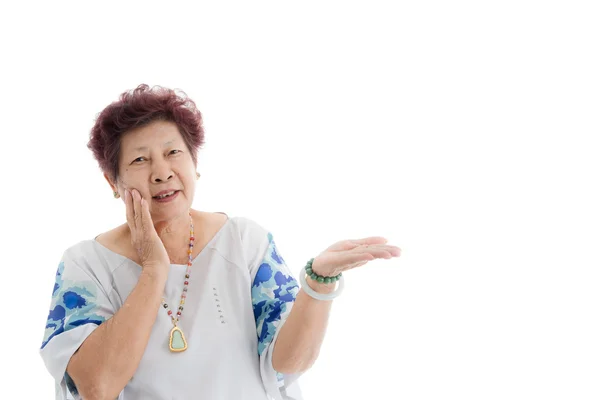Happy elderly woman rasing hand up — Stock Photo, Image