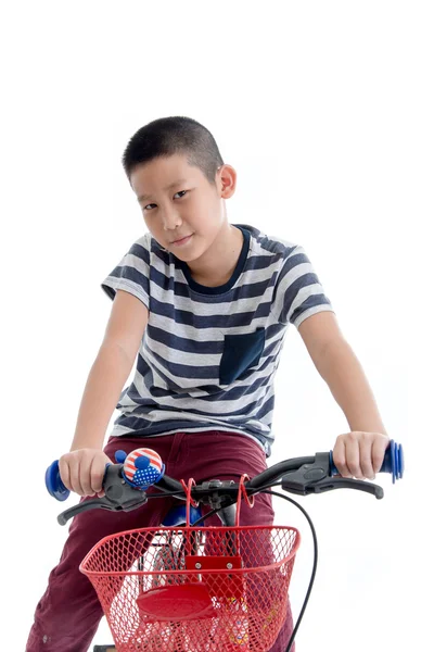 Asiático escolar con mochila a caballo una bicicleta aislado en blanco ba — Foto de Stock