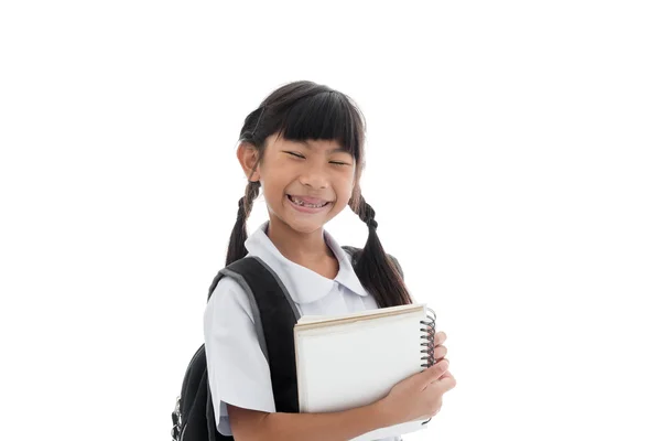 Portrait of asian child in school uniform smiling and showing he — Stock Photo, Image