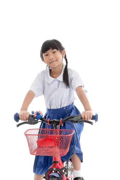Asiatische Kinder süße Mädchen in Studentenuniform Fahrrad fahren zu scho — Stockfoto