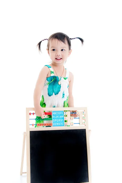 Little Asian with blank blackboard on white background — Stock Photo, Image