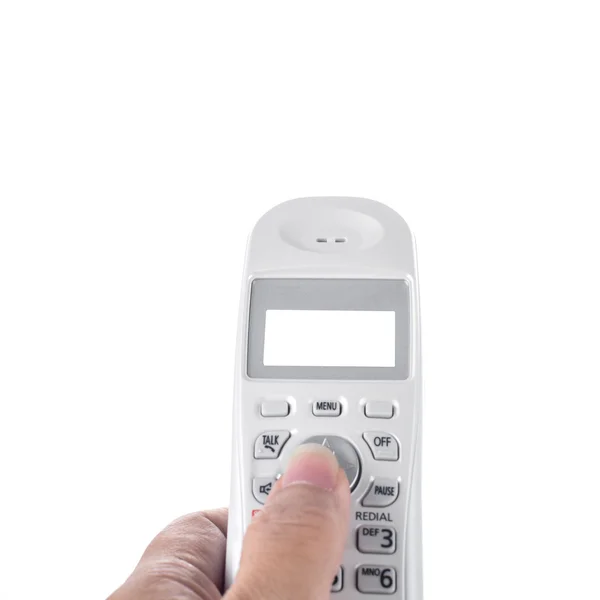Hand met huis mobiele telefoon op wit. — Stockfoto