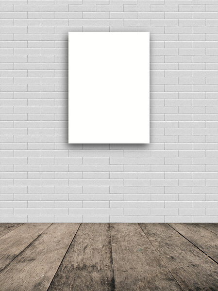 Mock up paper display and Top wooden table with gray brick wall mock up