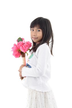 Asyalı kız pembe Gül beyaz holding