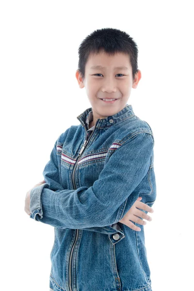 Niño vistiendo chaqueta vaqueros de moda y brazos cruzados, standin —  Fotos de Stock