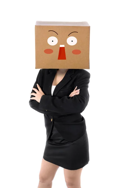 Surpris femme d'affaires avec le visage brun boîte, concepts d'affaires — Photo