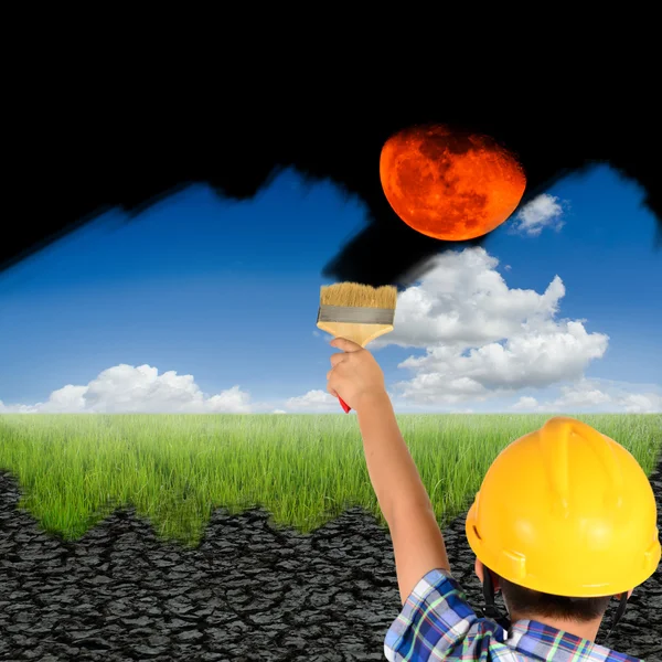 Chico pintando en tierra de sequía y cambiando a cielo azul con nube — Foto de Stock