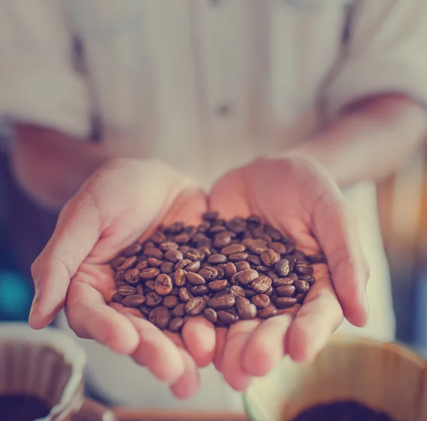 Coffee beans in hands with coffee shop background. — Stock Photo, Image