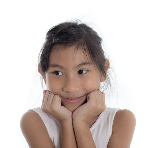 Boldog kis-ázsiai gyermek elszigetelt fehér háttér mintázata portréja — Stock Fotó