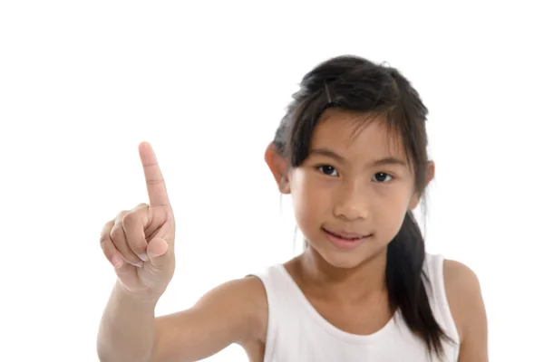Asiatisches Kind berührt virtuellen Bildschirm. geringe Schärfentiefe auf f — Stockfoto
