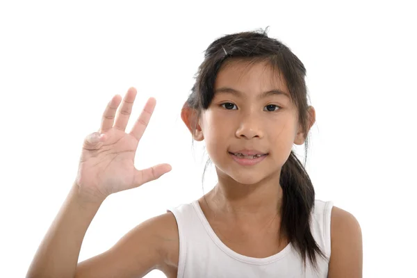 Niño asiático tocando la pantalla virtual. Profundidad superficial del campo en f — Foto de Stock