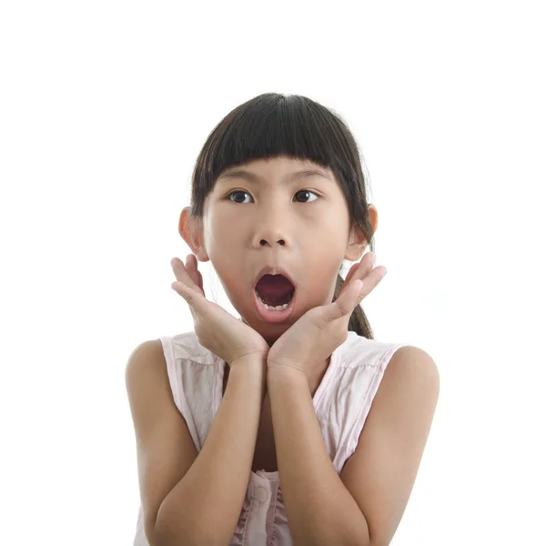 Girl opening mouth with surprise face on white. — Stock Photo, Image