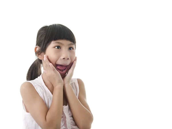 Girl opening mouth with surprise face on white. — Stock Photo, Image