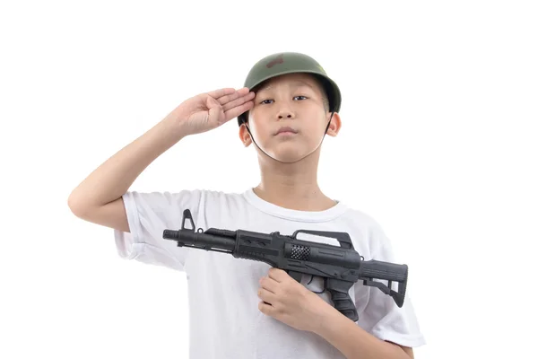 Ázsiai fiú fegyvert elszigetelt fehér background — Stock Fotó
