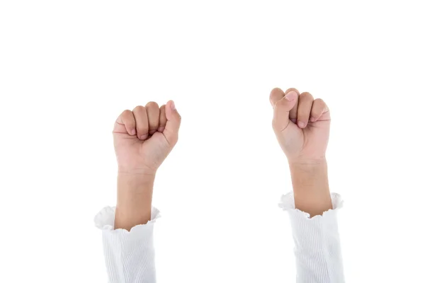 Hands clenched in front of the camera over white background — Stock Photo, Image