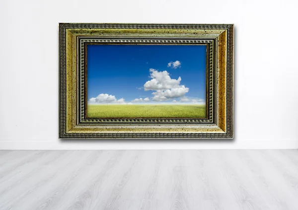 White wall with picture frame of Paddy filed with blue sky and c — Stock Photo, Image