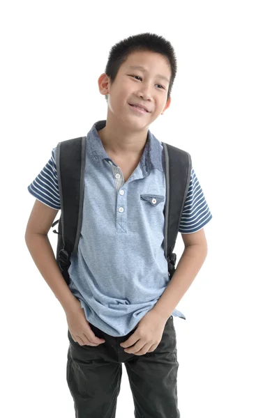 白い背景で隔離のバックパックとアジア少年 — ストック写真
