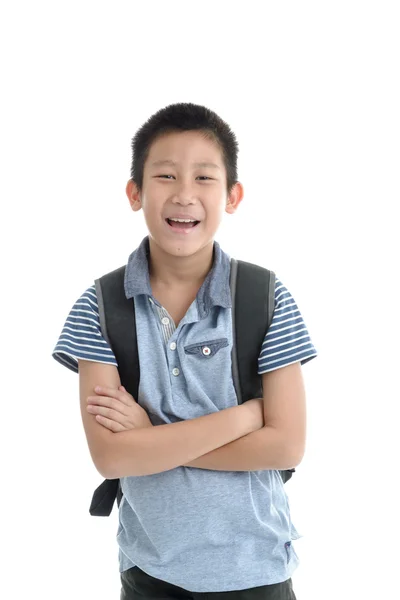 Азиатский школьник с рюкзаком изолированы на белом фоне — стоковое фото