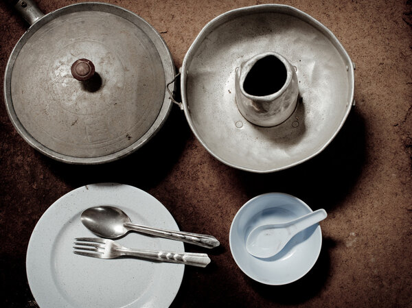 Old and dirty aluminum ware with grunge background.