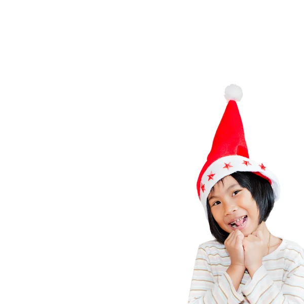 快乐的亚洲孩子，穿上圣诞老人的帽子与白色背景 — 图库照片