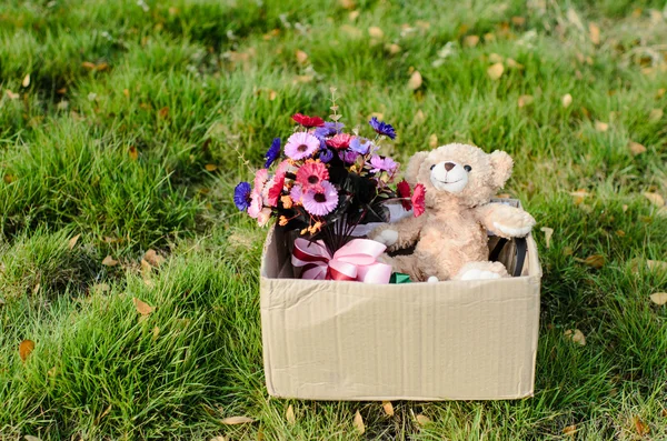 Bear and flower bouquet in brown box on green grass with natural — Stock Photo, Image