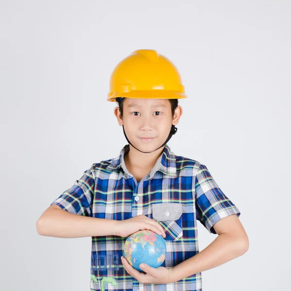 Adorable future builder constructing the world a over gray backg — Stock Photo, Image