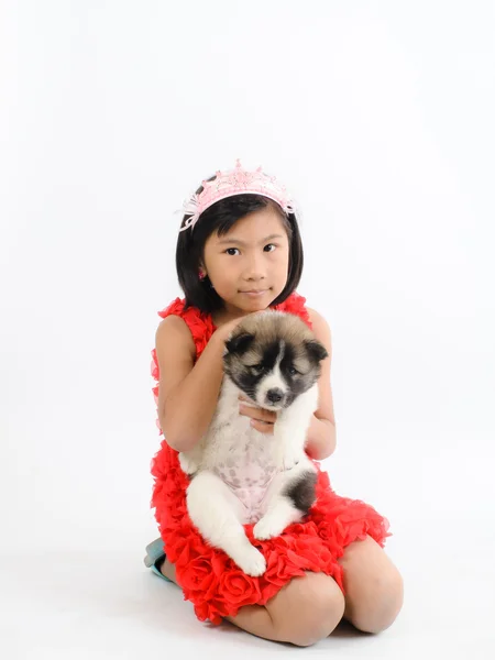 Asyalı kız ve üzerinde beyaz izole Tay Bang Kaew köpek yavrusu. — Stok fotoğraf