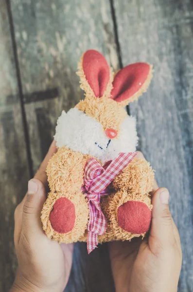 Rabbit doll in child hands, easter concept with vintage tone. — Stock Photo, Image