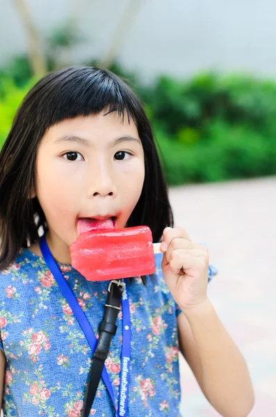 Pouco menina asiática desfrutar de seu sorvete — Fotografia de Stock