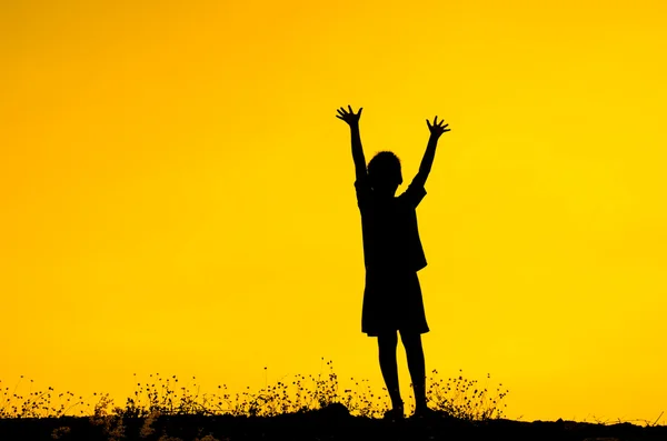 Хлопчик піднімає руки стоячи під час заходу сонця — стокове фото