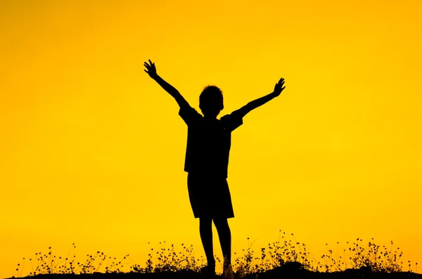 Ragazzo alzando le mani in piedi durante il tramonto — Foto Stock