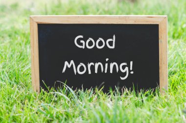 Yeşil çim tahtaya Günaydın mesajı.