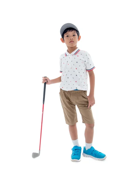 Asian boy golfer on white. — Stock Photo, Image