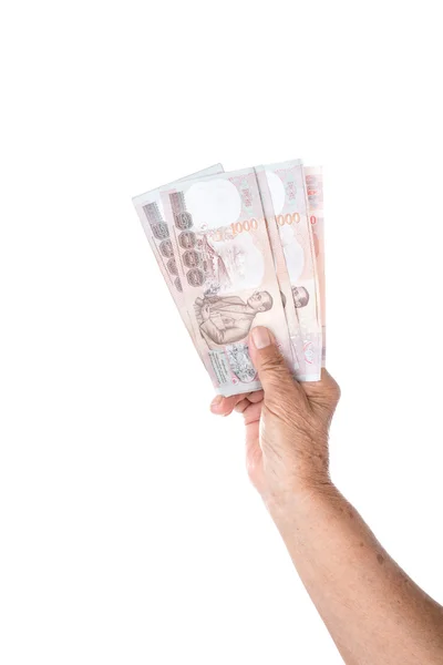 Old woman holding money — Stock Photo, Image