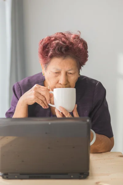 Asyalı kadın kıdemli defter ve içecek bir fincan çay h öğrenme — Stok fotoğraf