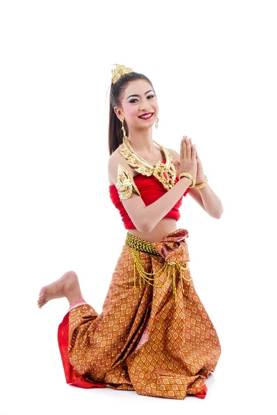 Mujer tailandesa en traje tradicional de Tailandia en blanco . —  Fotos de Stock