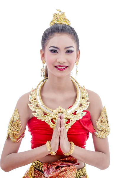 Kobieta w tradycyjnym stroju z Tajlandia tajski na białym. — Zdjęcie stockowe