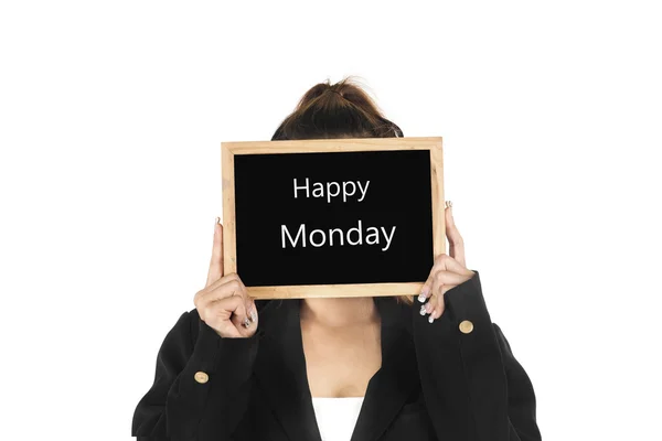 비즈니스 여성 보기 칠판 메시지 행복 한 월요일 — 스톡 사진
