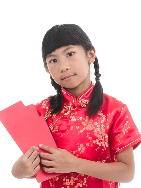 Menina bonito vestindo terno chinês vermelho — Fotografia de Stock