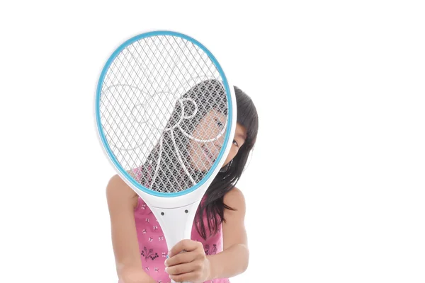 Asian girl holding a flyswatter — Stock Photo, Image