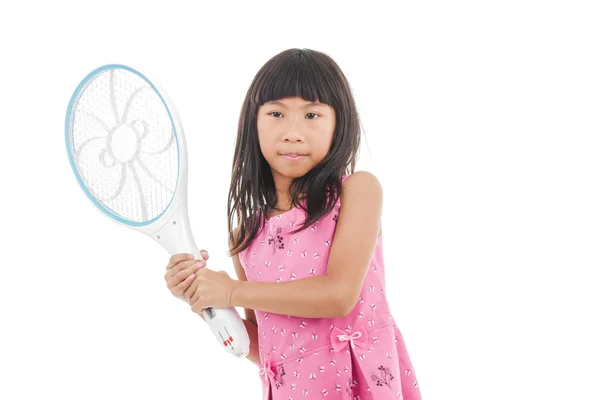 Asian girl holding a flyswatter — Stock Photo, Image