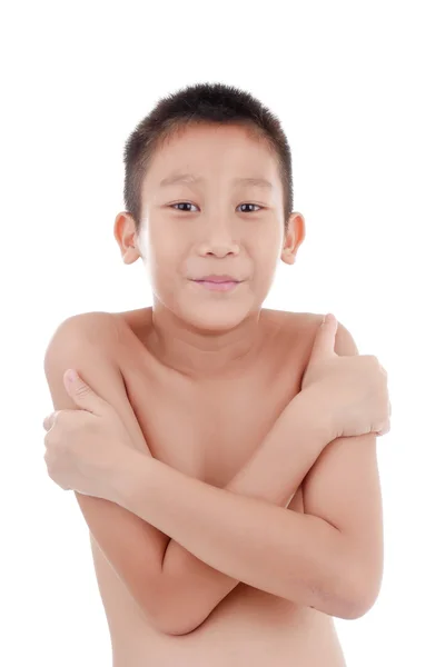 Asian boy hugging himself — Stock Photo, Image