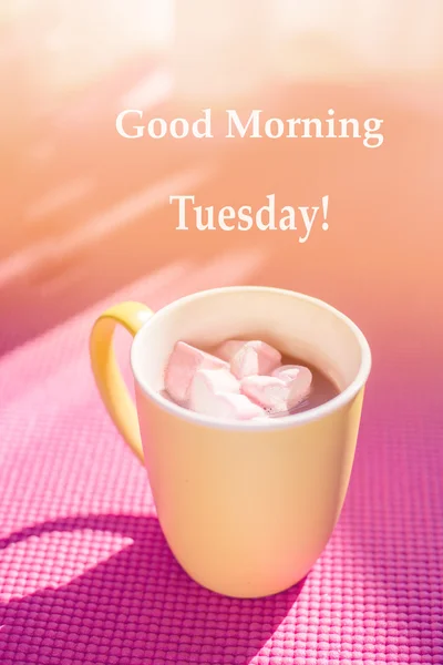Gourmet Hot Chocolate Milk and mashmellows in yellow cup on pink — Stock Photo, Image